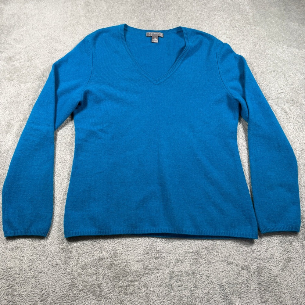 Charter Club Sweater Women Large Blue 100% Cashmere V-Neck Long Sleeve 2-Ply
